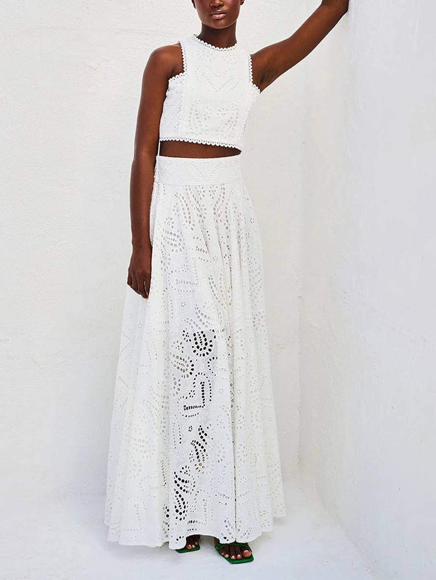 embroidered eyelet dress pockets sleeveless trapeze tops fluid skirt woman elegant casual set | Force
