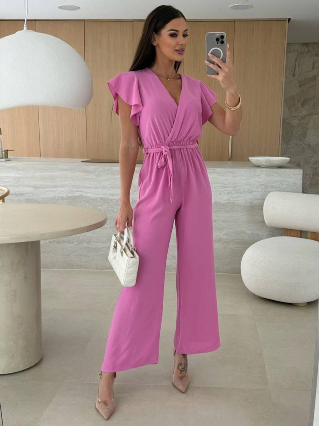 wide leg jumpsuits flared solid color v-neck belt layered ruffles casual woman | FORCE