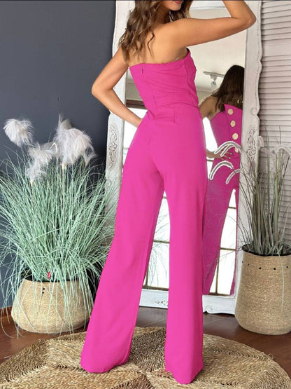 flare wide-leg jumpsuits solid color strapless buttoned sleeveless women elegant casual | Force