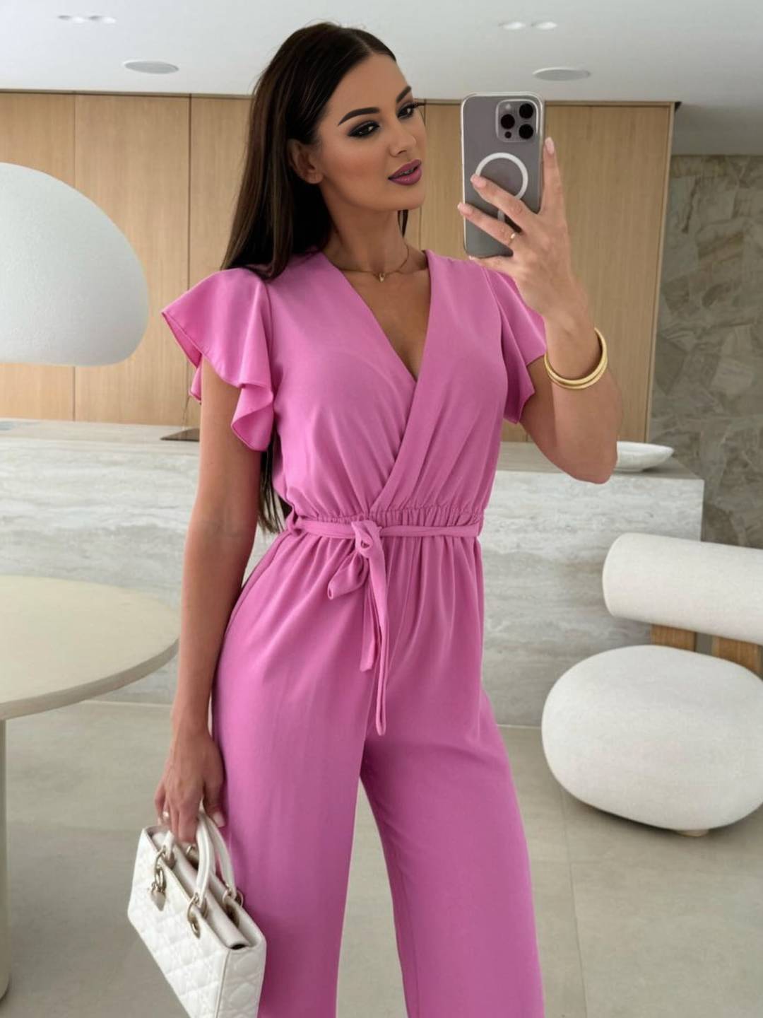 wide leg jumpsuits flared solid color v-neck belt layered ruffles casual woman | FORCE