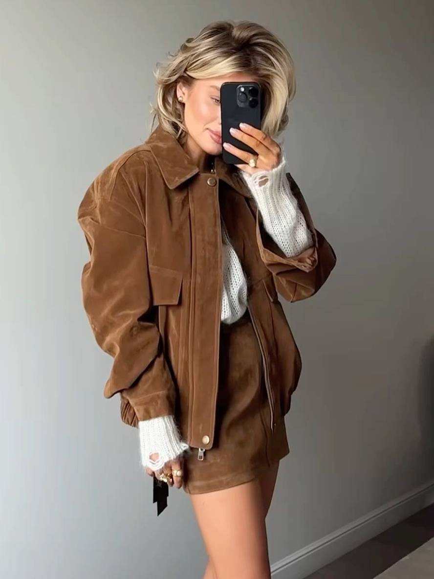 women's suede set lapel collar pockets short jacket skirt elegant casual two-piece clothing | Force