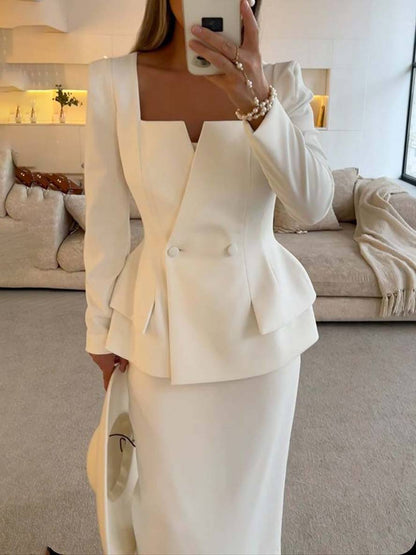 square collar set buttons pockets long sleeves blazer with skirt women elegant casual two-piece office | Force
