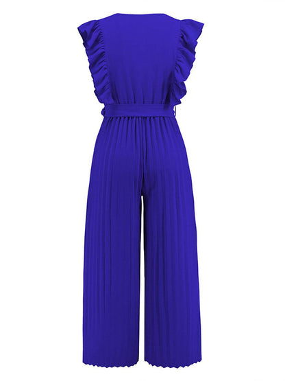 wide leg jumpsuits flared v-neck with ruffle pleated belt sleeveless women elegant bohemian casual | FORCE