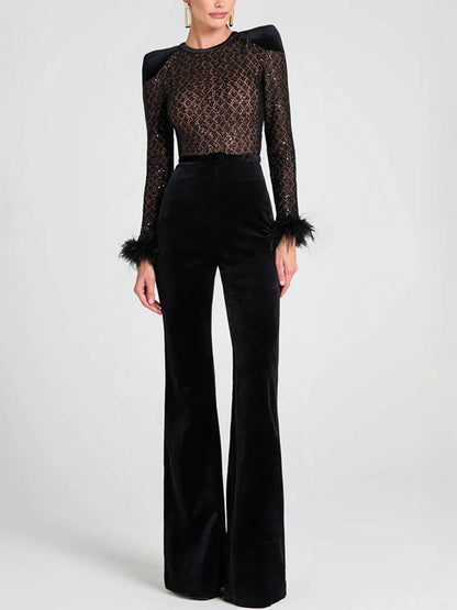 flare wide slim fitness jumpsuits round neck feather long sleeves zipper women casual elegant ceremony | Force