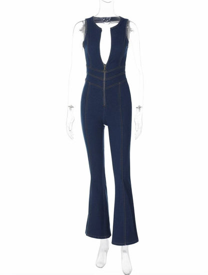 elegant vintage casual fashion sleeveless v-neck denim jumpsuits for women | Force