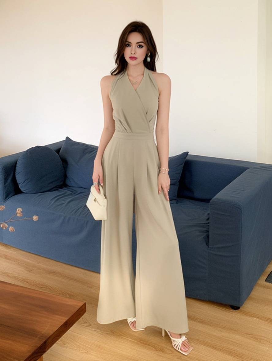 wide leg jumpsuits flared solid color backless v-neck sleeveless women casual elegant relaxed | Force