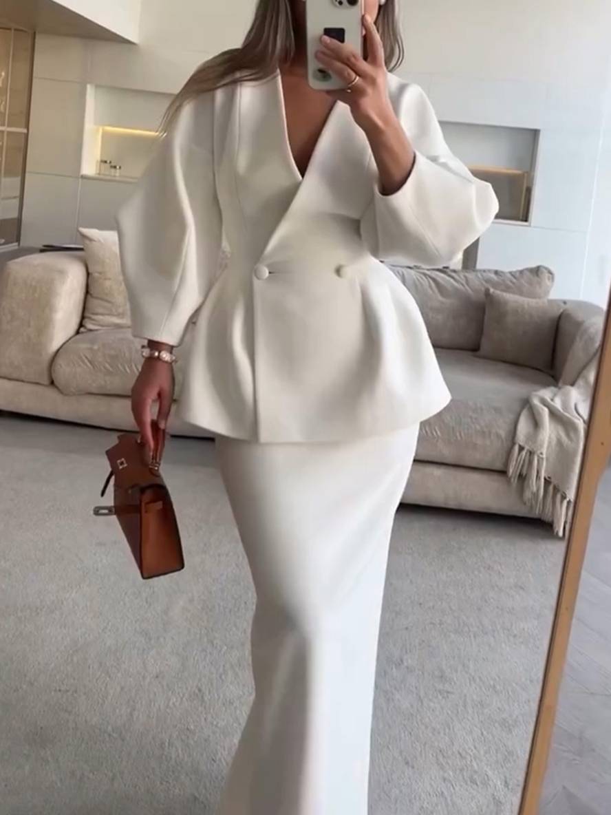 suit sets with skirt v-neck buttons puff sleeves long sleeves jacket woman elegant vintage two pieces | Force