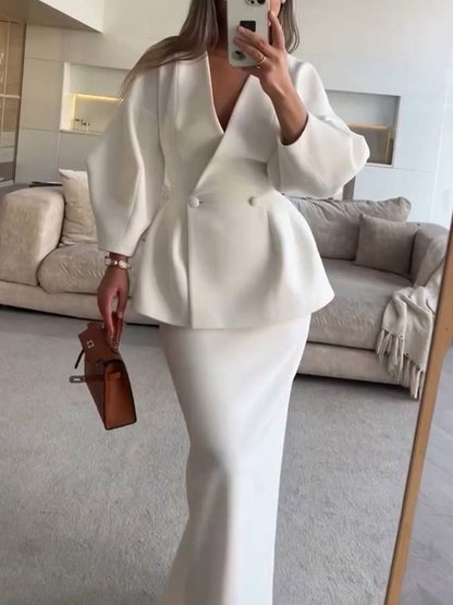 suit sets with skirt v-neck buttons puff sleeves long sleeves jacket woman elegant vintage two pieces | Force