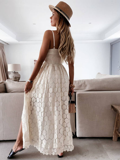 lace embroidered eyelet jumpsuits v-neck split with thin straps elegant bohemian woman | FORCE