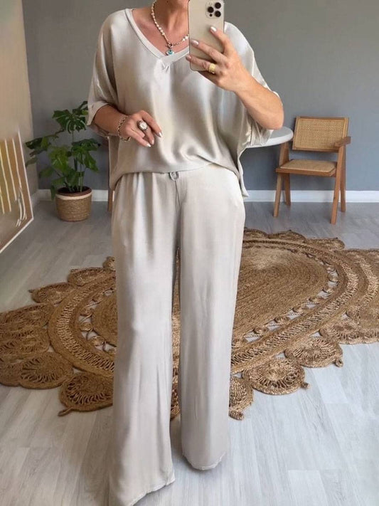 sets with pants v-neck pockets batwing sleeves short sleeves women elegant casual loose two-piece | Force