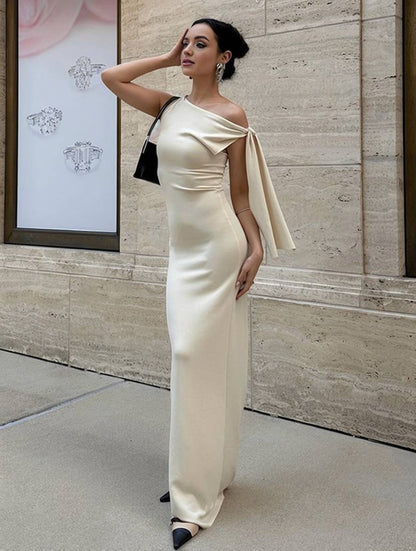 long tight-fitting solid color one-shoulder sleeveless elegant evening dress for women | Force