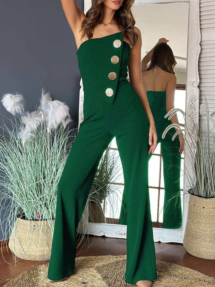 flare wide-leg jumpsuits solid color strapless buttoned sleeveless women elegant casual | Force