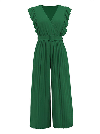 wide leg jumpsuits flared v-neck with ruffle pleated belt sleeveless women elegant bohemian casual | FORCE