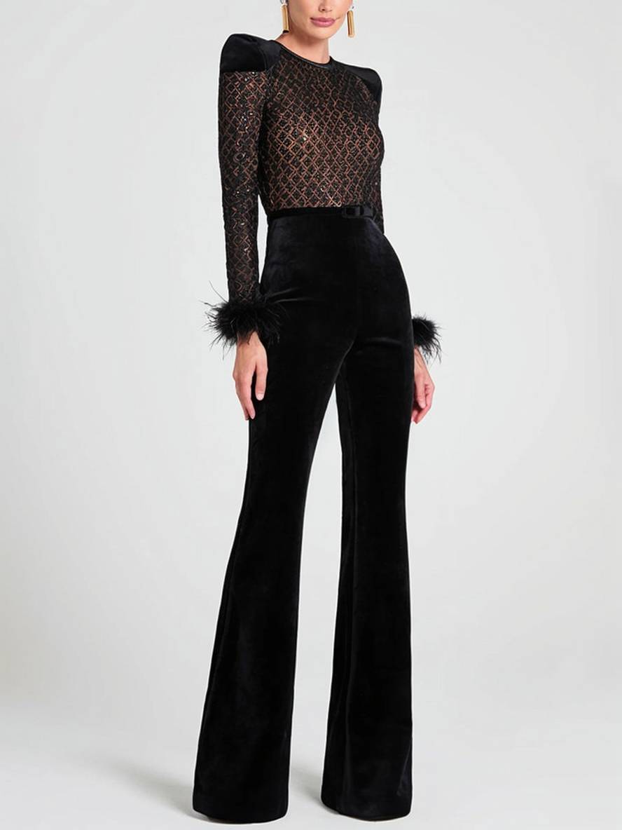 flare wide slim fitness jumpsuits round neck feather long sleeves zipper women casual elegant ceremony | Force