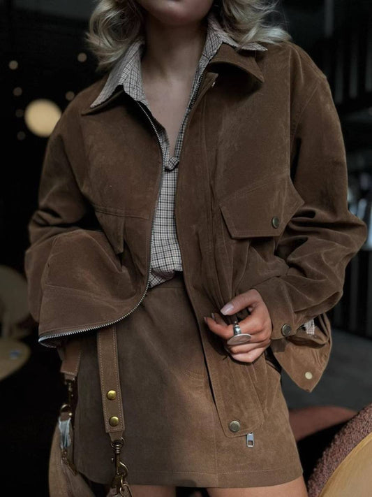 women's suede set lapel collar pockets short jacket skirt elegant casual two-piece clothing | Force