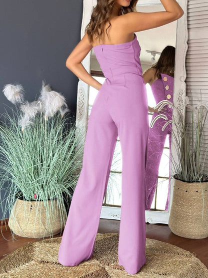 flare wide-leg jumpsuits solid color strapless buttoned sleeveless women elegant casual | Force