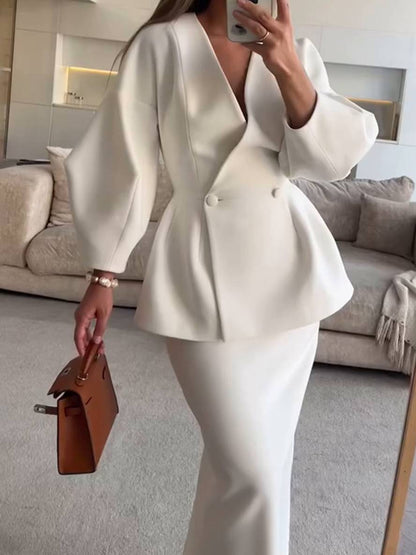 suit sets with skirt v-neck buttons puff sleeves long sleeves jacket woman elegant vintage two pieces | Force