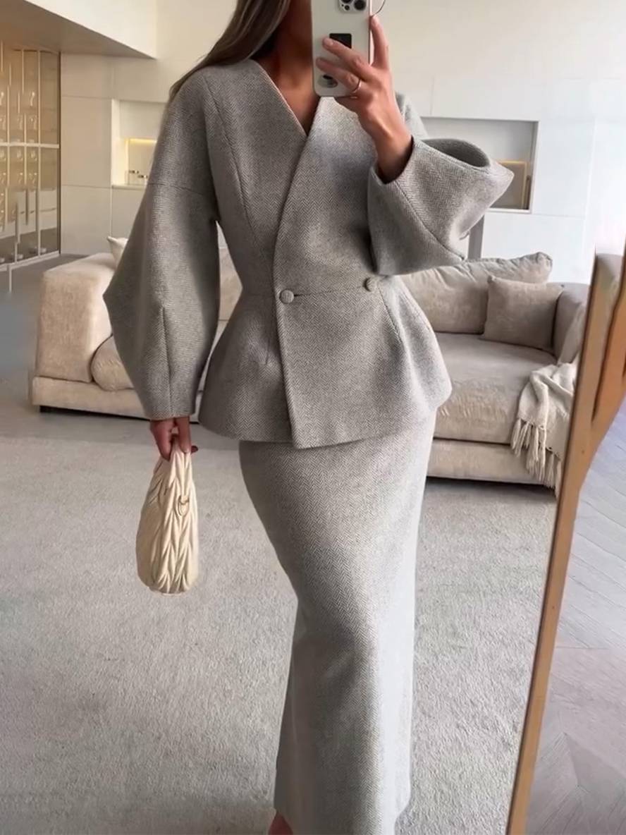 suit sets with skirt v-neck buttons puff sleeves long sleeves jacket woman elegant vintage two pieces | Force