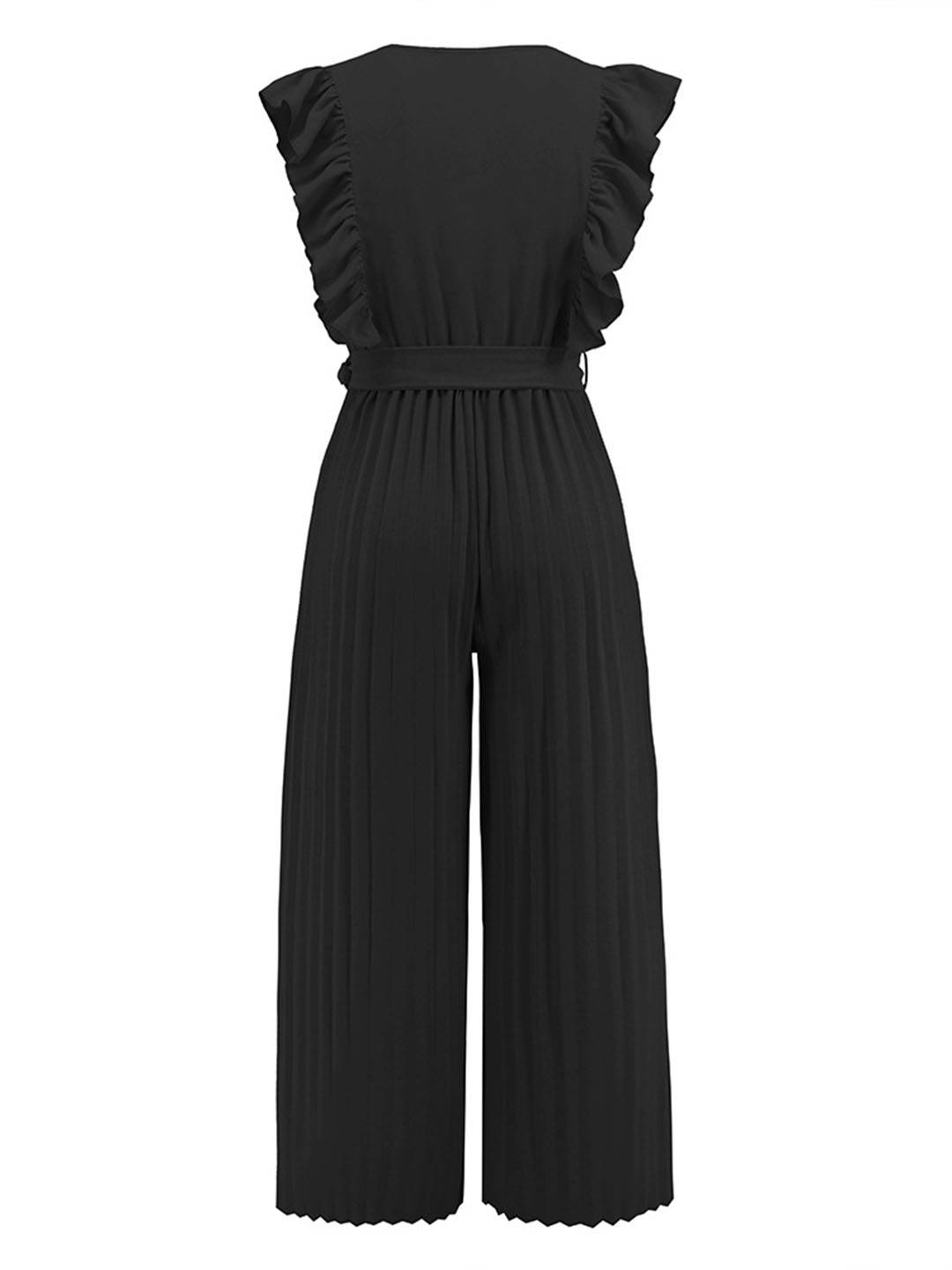wide leg jumpsuits flared v-neck with ruffle pleated belt sleeveless women elegant bohemian casual | FORCE