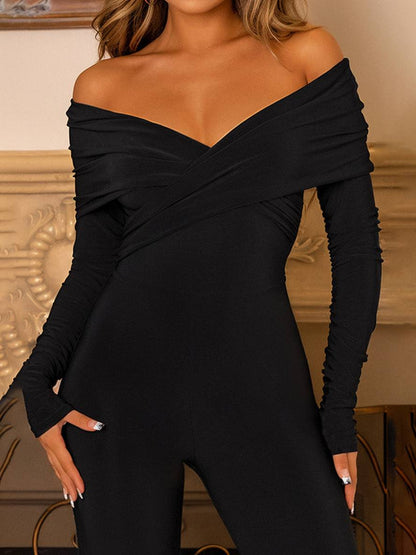 flare wide-leg jumpsuits v-neck cross long sleeves women elegant casual vintage one piece | Force