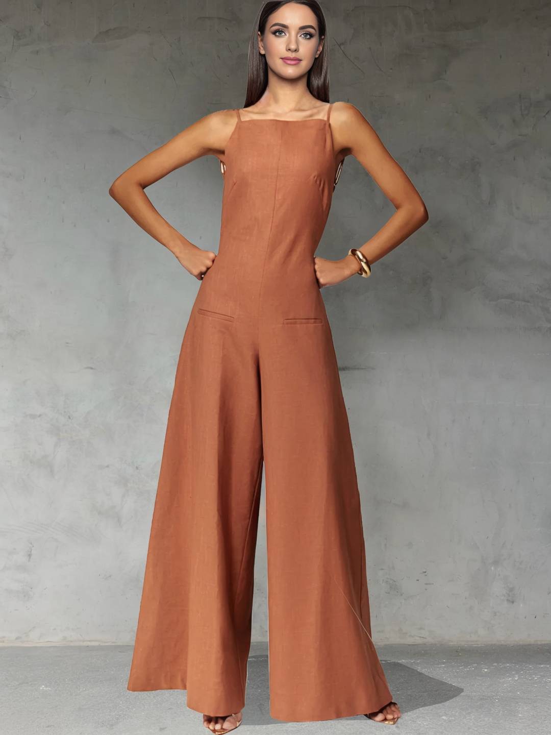 wide leg jumpsuits flared linen backless with thin straps sleeveless elegant casual vacation style for women | Force