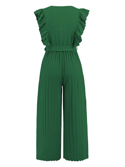 wide leg jumpsuits flared v-neck with ruffle pleated belt sleeveless women elegant bohemian casual | FORCE