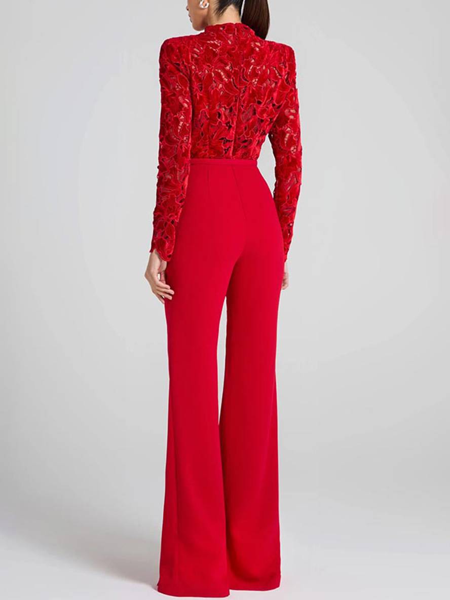 flare wide-leg jumpsuits English embroidery round neck long sleeves belt women elegant casual slim fitness | Force