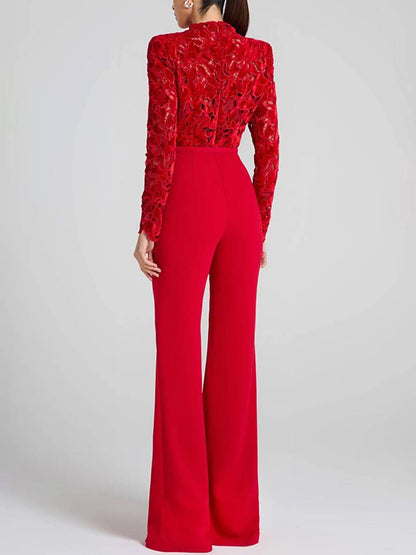 flare wide-leg jumpsuits English embroidery round neck long sleeves belt women elegant casual slim fitness | Force