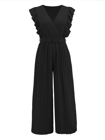 wide leg jumpsuits flared v-neck with ruffle pleated belt sleeveless women elegant bohemian casual | FORCE