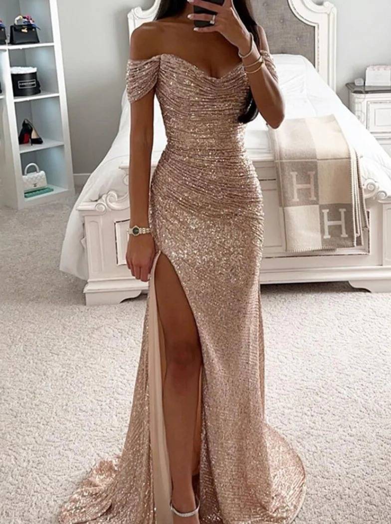 long strapless shiny sequin slit side mermaid boat neck sleeveless elegant evening ceremony dress | Force