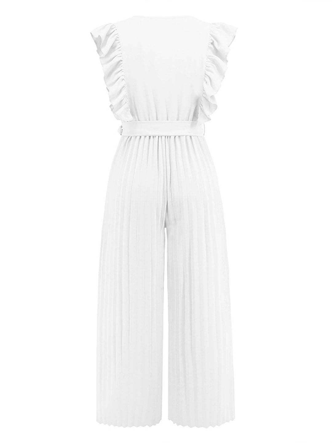 wide leg jumpsuits flared v-neck with ruffle pleated belt sleeveless women elegant bohemian casual | FORCE