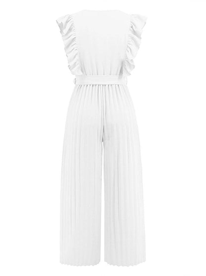wide leg jumpsuits flared v-neck with ruffle pleated belt sleeveless women elegant bohemian casual | FORCE