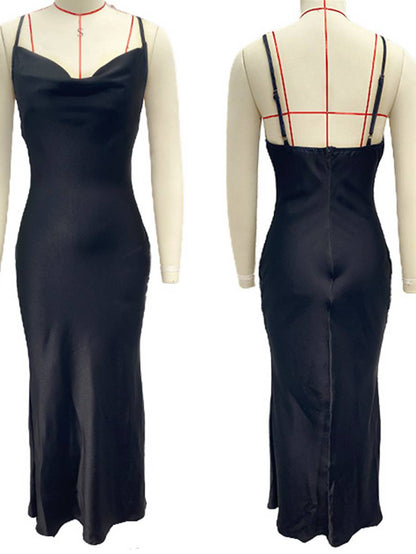 satin fitted backless bridesmaid dress with thin straps elegant evening woman wedding guest | Force