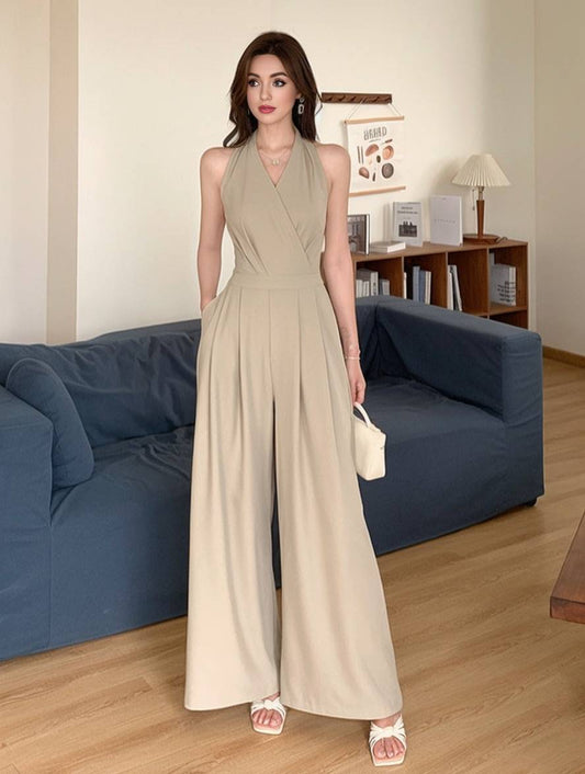 wide leg jumpsuits flared solid color backless v-neck sleeveless women casual elegant relaxed | Force