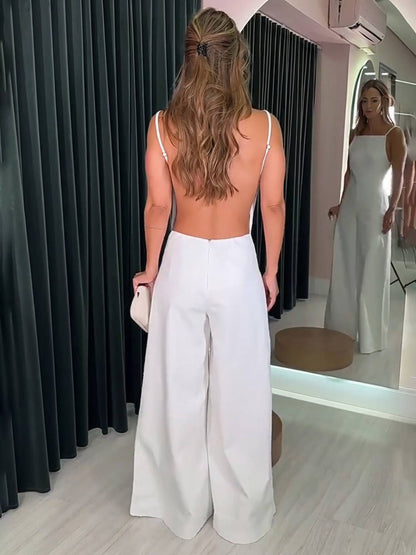 wide leg jumpsuits flared linen backless with thin straps sleeveless elegant casual vacation style for women | Force