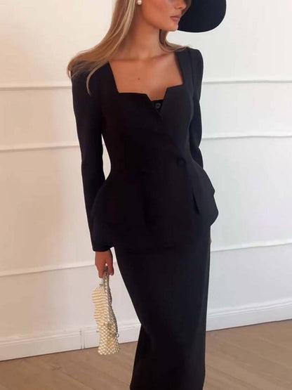 square collar set buttons pockets long sleeves blazer with skirt women elegant casual two-piece office | Force