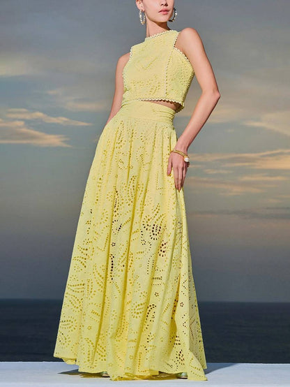 embroidered eyelet dress pockets sleeveless trapeze tops fluid skirt woman elegant casual set | Force