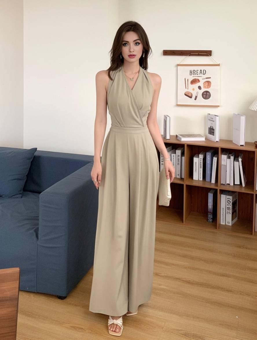 wide leg jumpsuits flared solid color backless v-neck sleeveless women casual elegant relaxed | Force