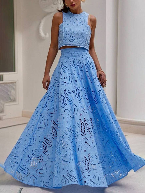 embroidered eyelet dress pockets sleeveless trapeze tops fluid skirt woman elegant casual set | Force