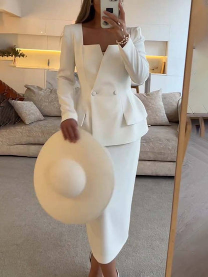 square collar set buttons pockets long sleeves blazer with skirt women elegant casual two-piece office | Force