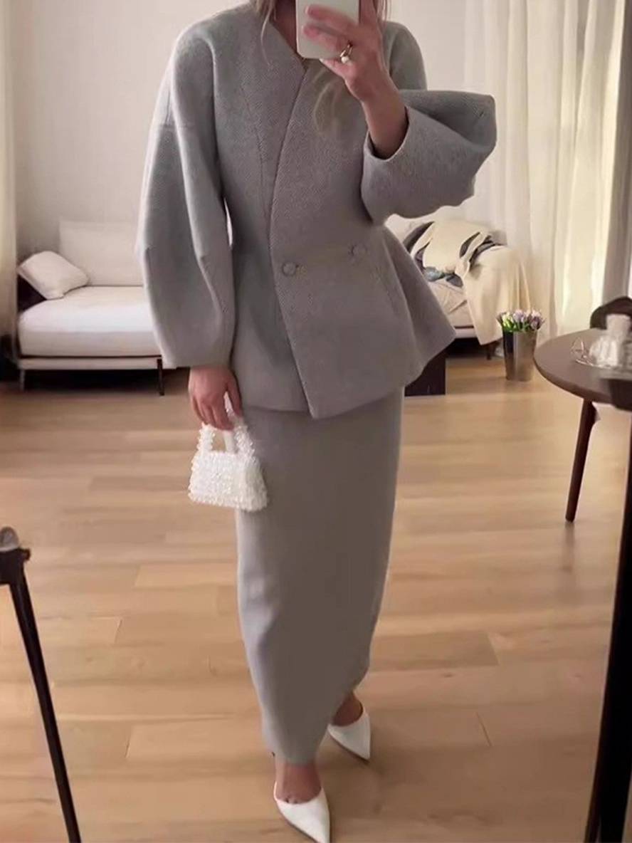 suit sets with skirt v-neck buttons puff sleeves long sleeves jacket woman elegant vintage two pieces | Force