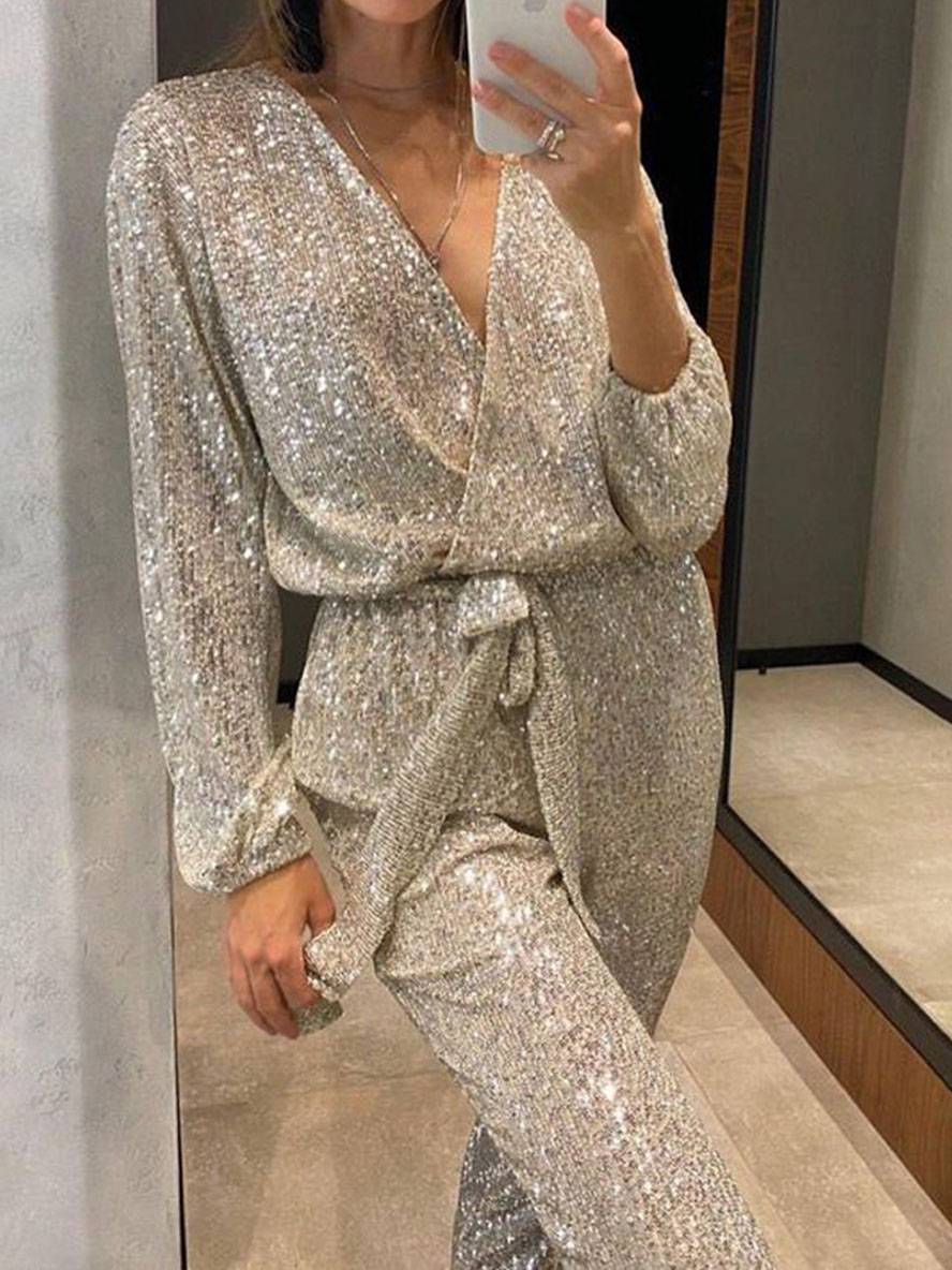shiny v-neck sequin jumpsuits belt plunging neckline long sleeves women elegant casual fashion Christmas | Force