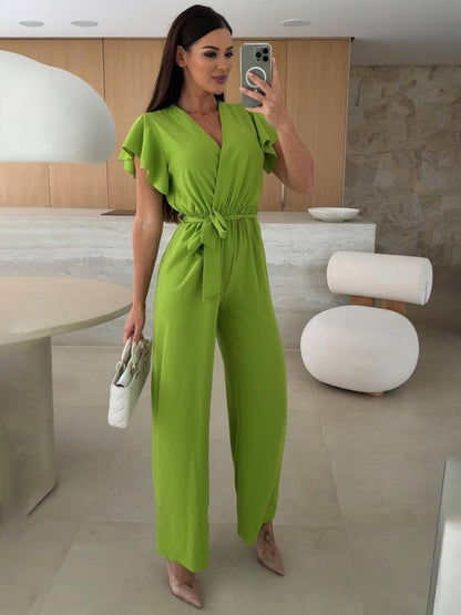 wide leg jumpsuits flared solid color v-neck belt layered ruffles casual woman | FORCE