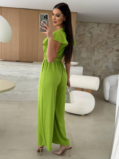 wide leg jumpsuits flared solid color v-neck belt layered ruffles casual woman | FORCE