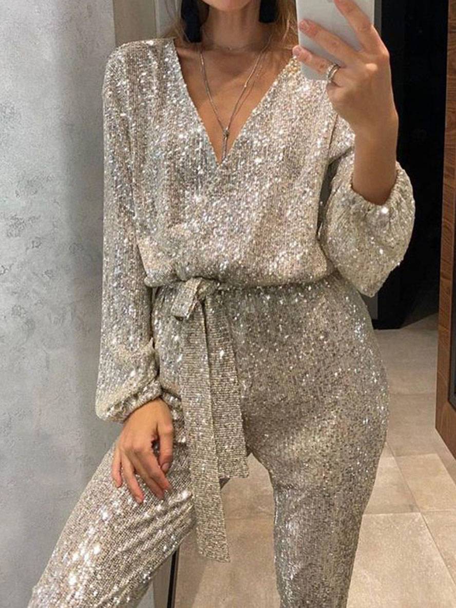 shiny v-neck sequin jumpsuits belt plunging neckline long sleeves women elegant casual fashion Christmas | Force