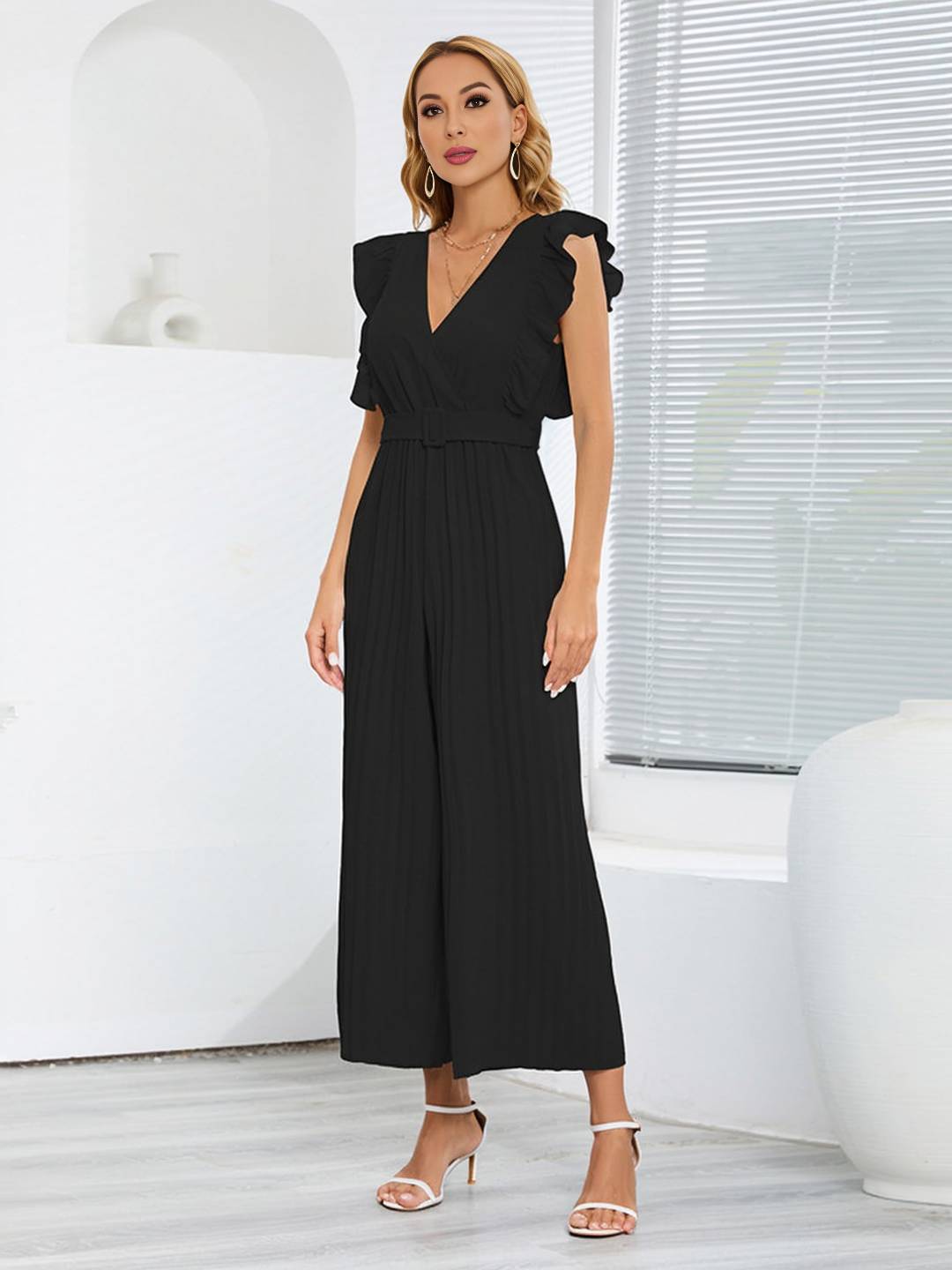 wide leg jumpsuits flared v-neck with ruffle pleated belt sleeveless women elegant bohemian casual | FORCE