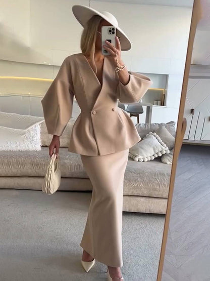 suit sets with skirt v-neck buttons puff sleeves long sleeves jacket woman elegant vintage two pieces | Force