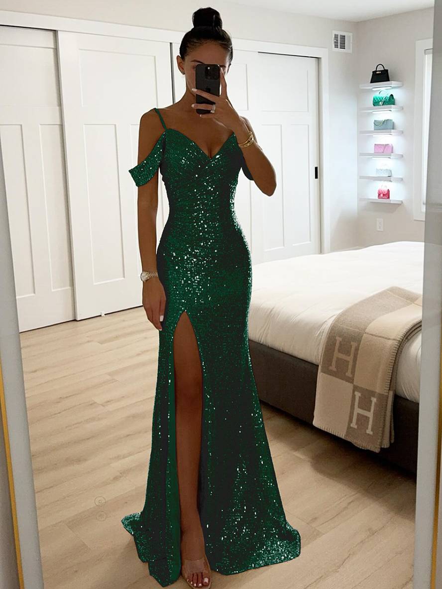 long shiny sequin v-neck dress side slit split shoulders sleeveless elegant evening ceremony woman | Force
