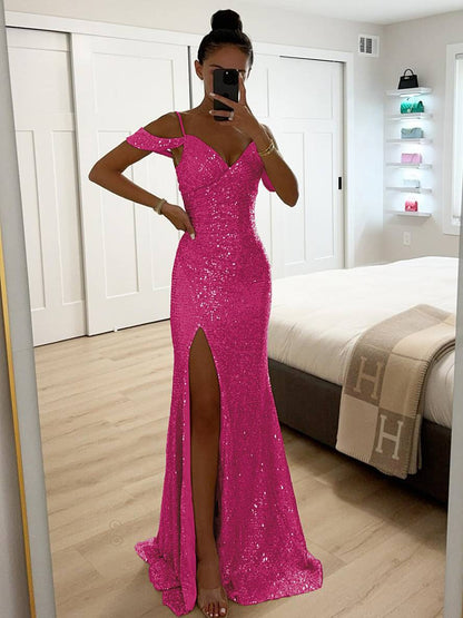 long shiny sequin v-neck dress side slit split shoulders sleeveless elegant evening ceremony woman | Force
