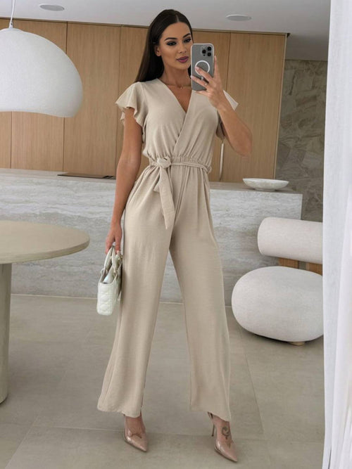 wide leg jumpsuits flared solid color v-neck belt layered ruffles casual woman | FORCE
